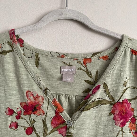 Chicos Womens Green Floral Henley Shirt Size 3 XL Short Sleeves Cotton Modal - Picture 2 of 11